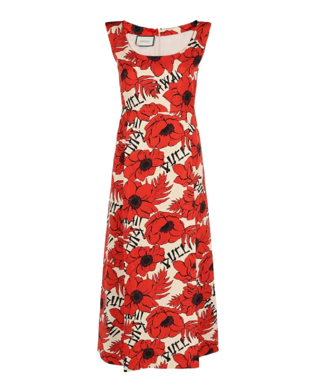 Gucci Womens Flying Poppies-Print Silk Dress