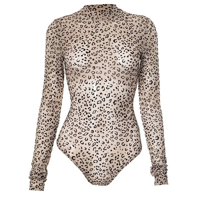 Long sleeve leopard print button sheer mesh bodysuit