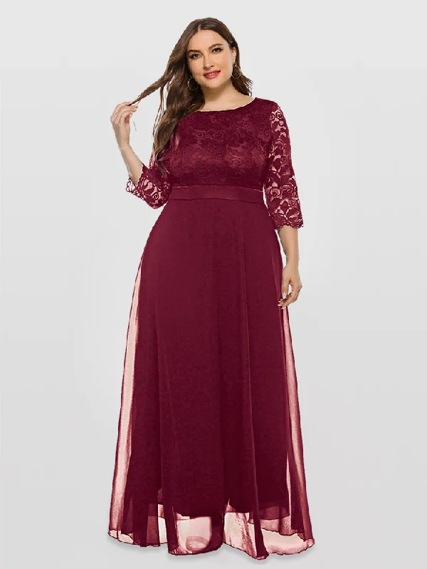 Solid Lace Mesh Patchwork Round Neck Bridesmaid Dress