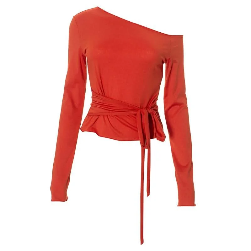 One shoulder irregular long sleeve ruched self tie top