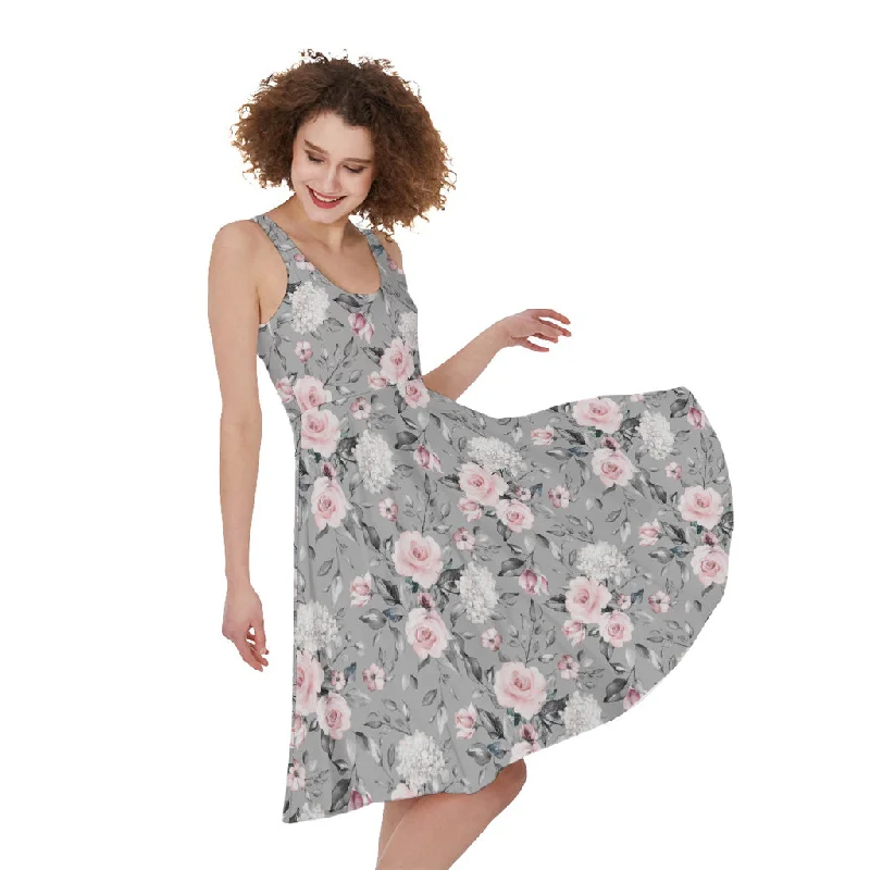 Monochrome Spring Floral Print Sleeveless Knee Length Dress