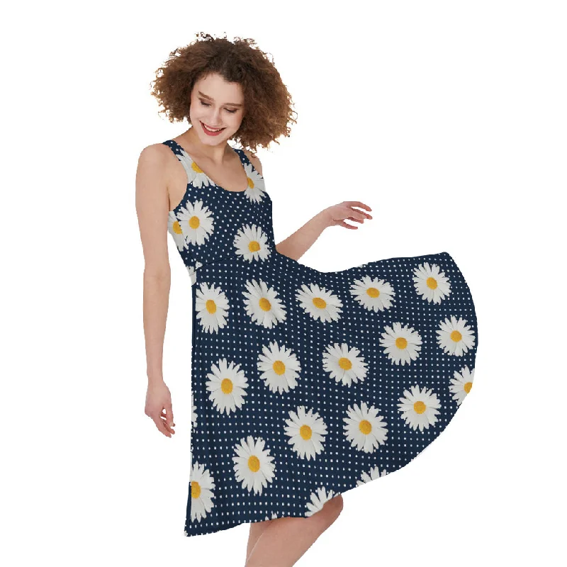 Polka Dot Daisy Floral Pattern Print Sleeveless Knee Length Dress