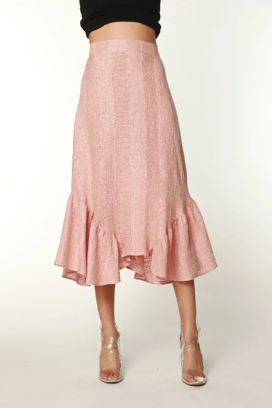 Blush Flounced Linen Midi Skirt