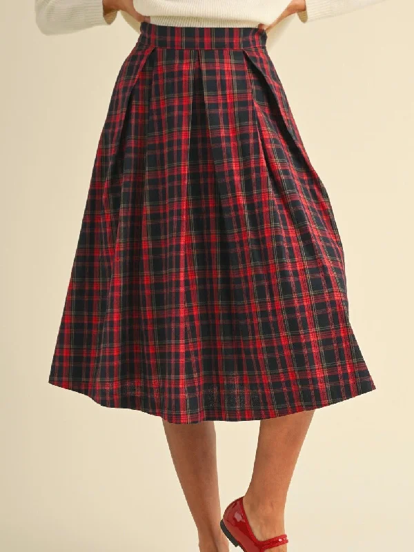 Plaid Box Pleats Midi Skirt